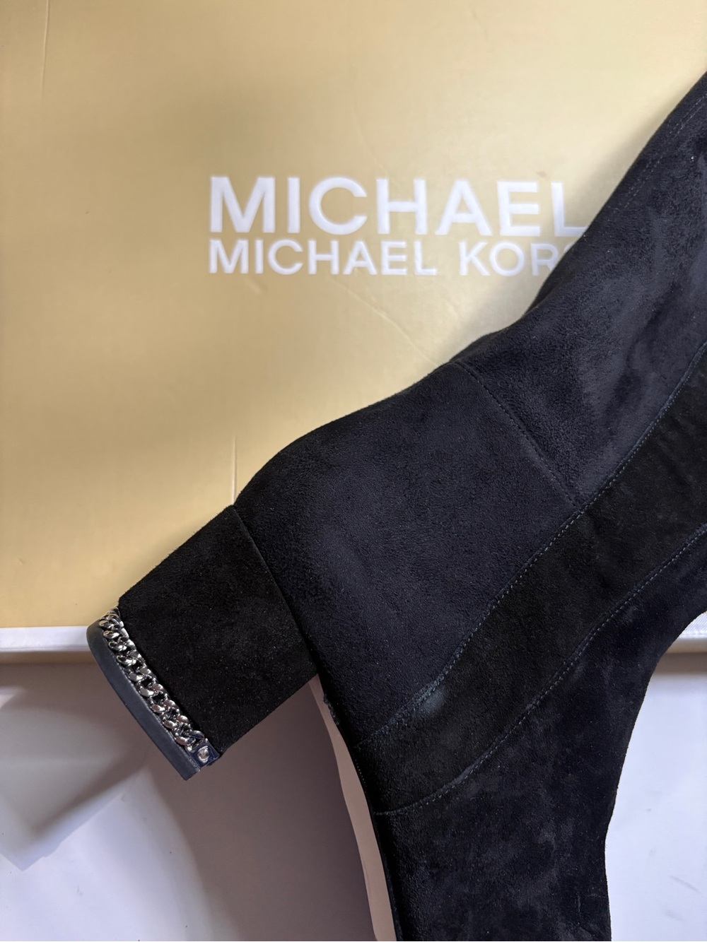 Michael kors Sabrina black suede over the knee chain heel vintage boots with box